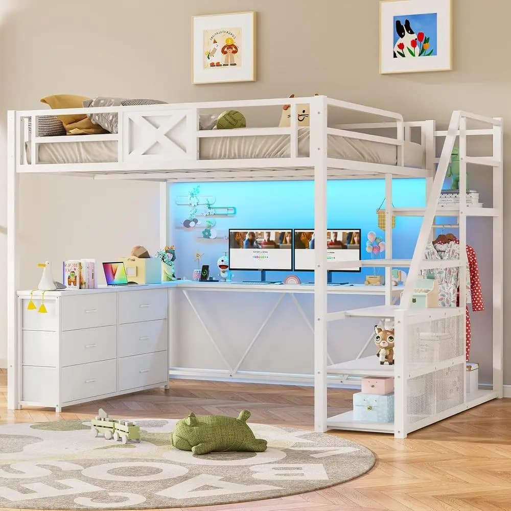 White Loft Bed with Desk, Storage Stairs, 6 Drawers, Hall Tree, LED Lights, Power Outlet for Kids, Teens, Adults