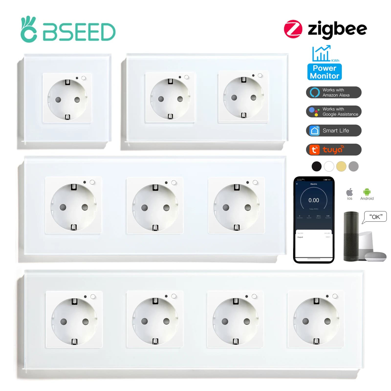 BSEED Zigbee Presa a muro Presa UE Monitor di alimentazione intelligente Prese elettriche Telaio in vetro Tuya Vita intelligente Alexa Alice Control 16A