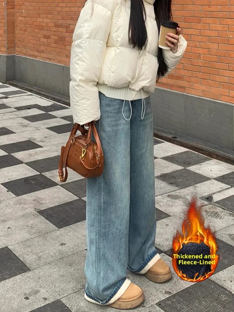 Retro Washed Light High Waist Drapey Straight Leg Denim Jeans Women's Autumn Winter Fleece Thickened Loose Slim Wide Leg Pants