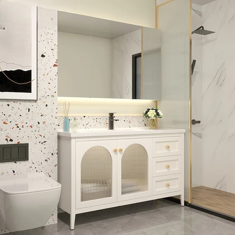 Mobile da bagno dal pavimento al soffitto in rovere francese, specchio intelligente, lavabo, lavabo, latte di riso, cabi combinato con impostazione calda bianca