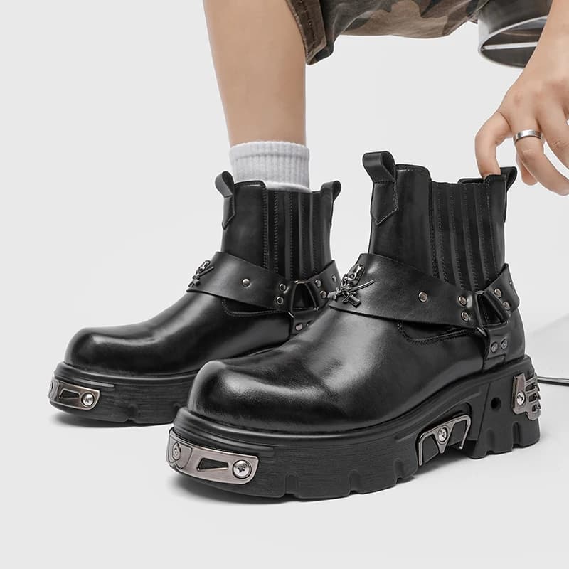 New Designer Paris Trendy Punk Men's Shoes Fashion Genuine Leather Shoes Thick-soled Retro Motorcycle Rock Stage Men Ankle Boots