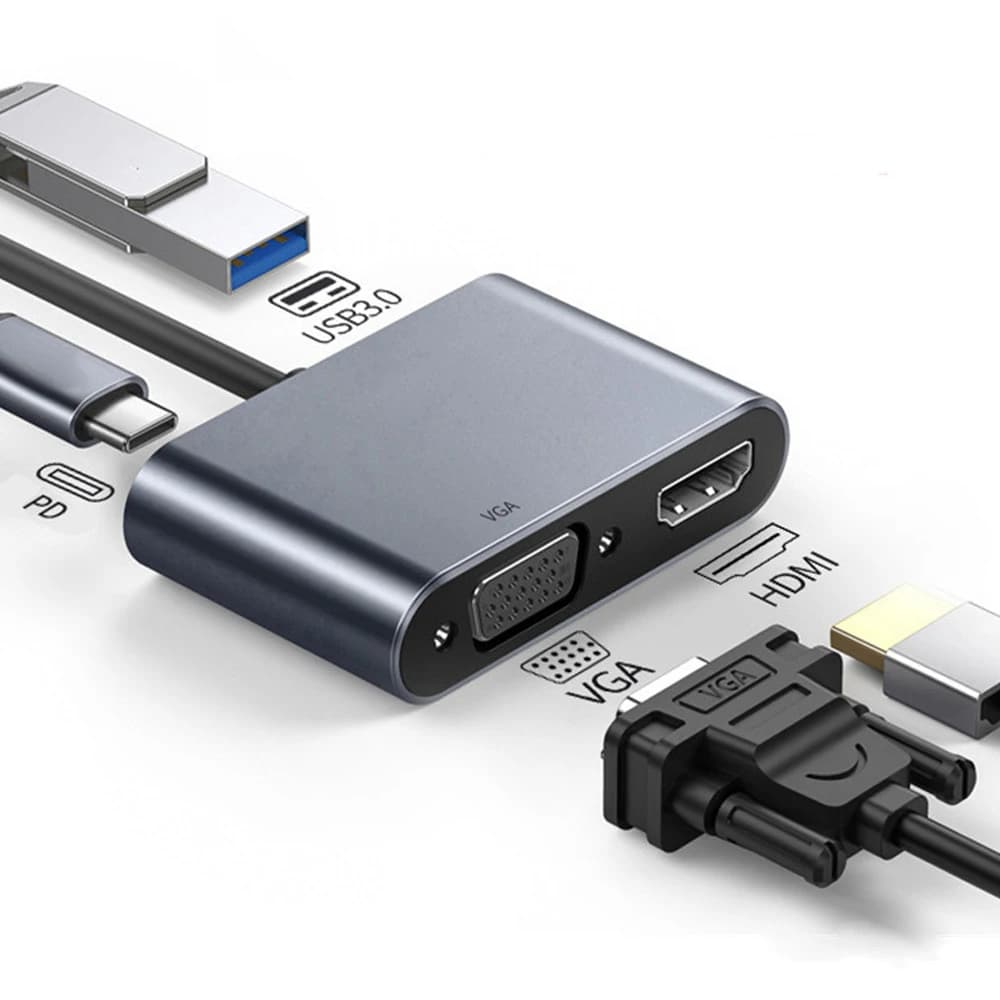 Hub USB C 4 in 1, Adattatore Multiporta, Docking Station da Tipo C a 4K HDTV VGA, Ricarica Rapida PD 100W, Splitter per MacBook Pro/Air Laptop