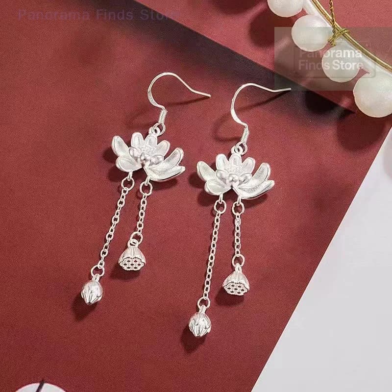 1 Paio di Orecchini Pendenti con Nappa Lunga Stile Cinese alla Moda per Donne e Ragazze, Eleganti e Raffinati Orecchini a Gancio con Fiore di Loto, Regalo