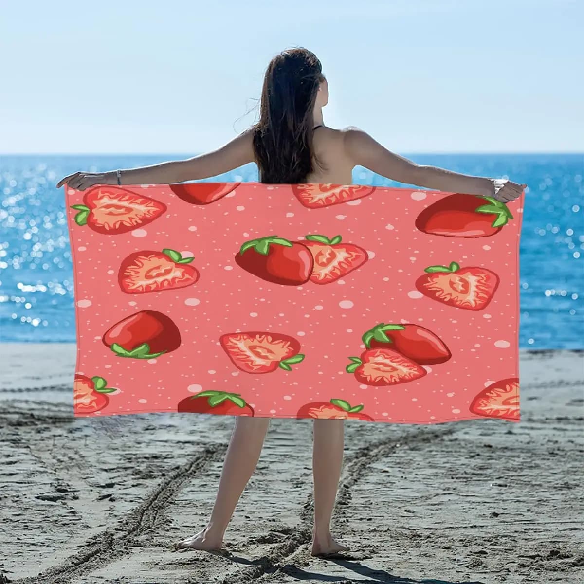 Telo Mare in Microfibra Oversize a Tema Fragola, Anti-Sabbia, Asciugatura Rapida, Leggero, per Piscina, Palestra, Viaggi