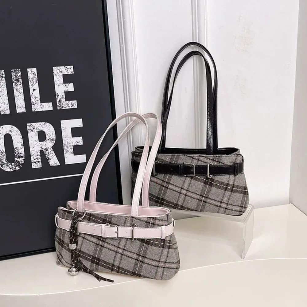 Retro Plaid Textured Shoulder Tote Bag Women Versatile Handbag For Office Work Daily Commuting Fashion Daily Bag