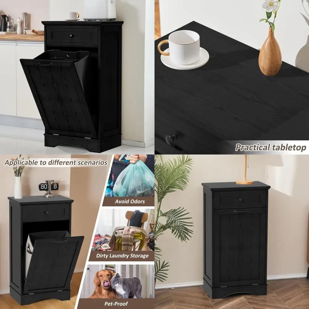 Pattumiera da cucina indipendente in legno con porta inclinabile, resistente agli animali domestici e cassetto nascosto per il riciclaggio, nero scuro