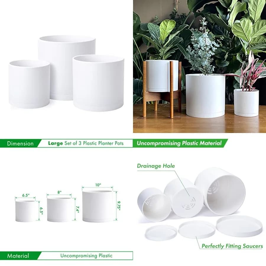 Set di 3 Vasi in Plastica per Piante da 6,5 Pollici, 8 Pollici e 10 Pollici con Foro di Drenaggio e Sottovasi Senza Cuciture, Colore Bianco, 74-V-A-