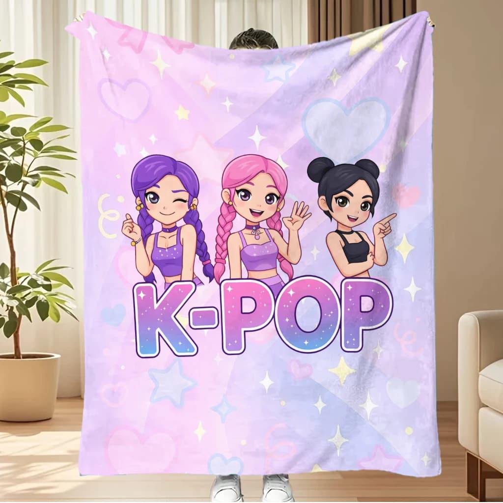 1pc K-Pop Anime Girl Trio Print Flannel Blanket, Soft Cozy Throw for Bed, Sofa, Kids Room & K-Pop Fan Gift