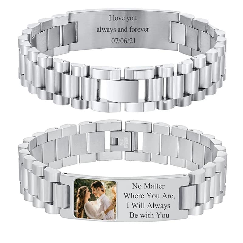 Personalized Image Bracelet with Text Stainless Steel Mesh Bracelet Engraving Customized Photo/Text/Name Bracelet for Men
