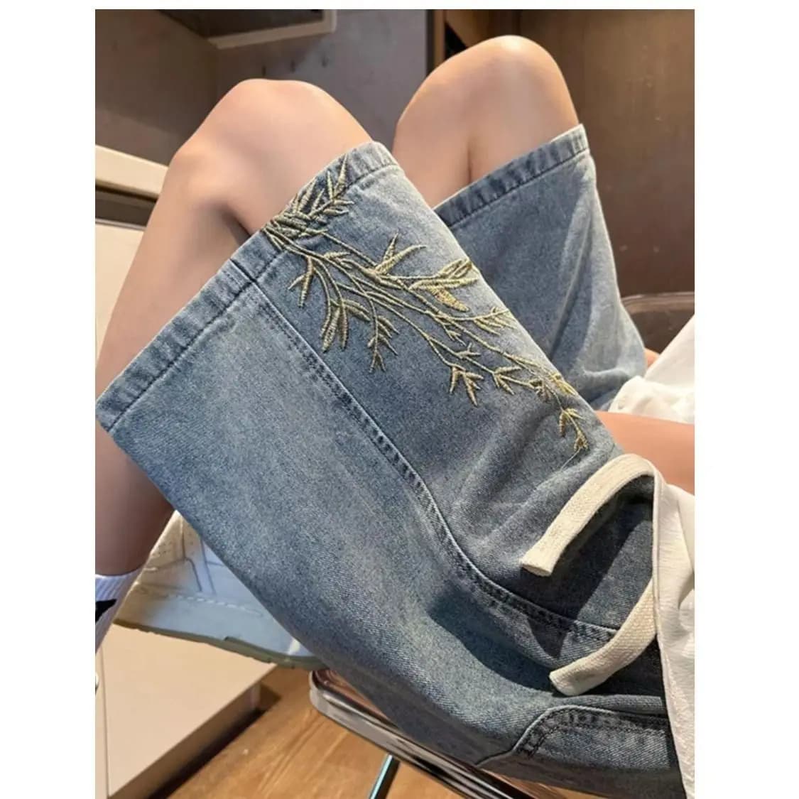 New Chinese Sle Bamboo Embroidered Jeans orts Men's Summer Thin High Street Waed Casual Five-Quarter Pants for Couples