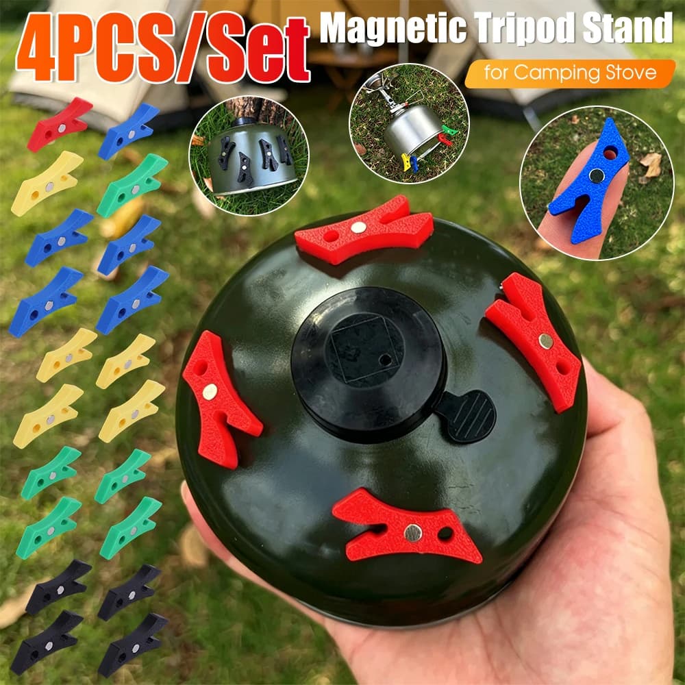 4pcs 1.5g Ultralight Magnetic Tripod Camping Stove Stand with Storage Box Camping Stove Bottle Shelf Foldable Gas Tank Bracket
