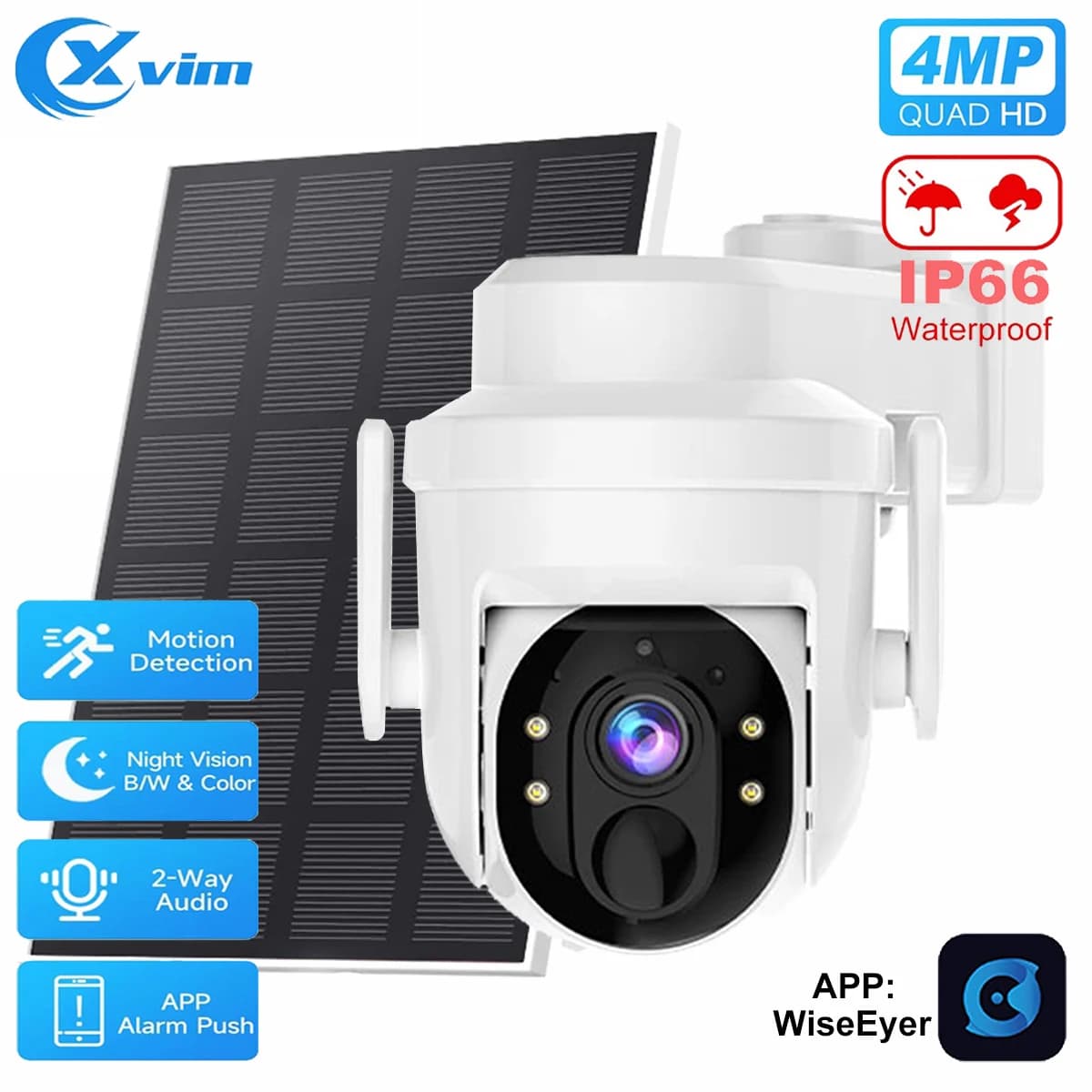 Solar Camera XVIM 4MP for External, Wireless WiFi PTZ, Solar Battery Powered, HD Video surveillance