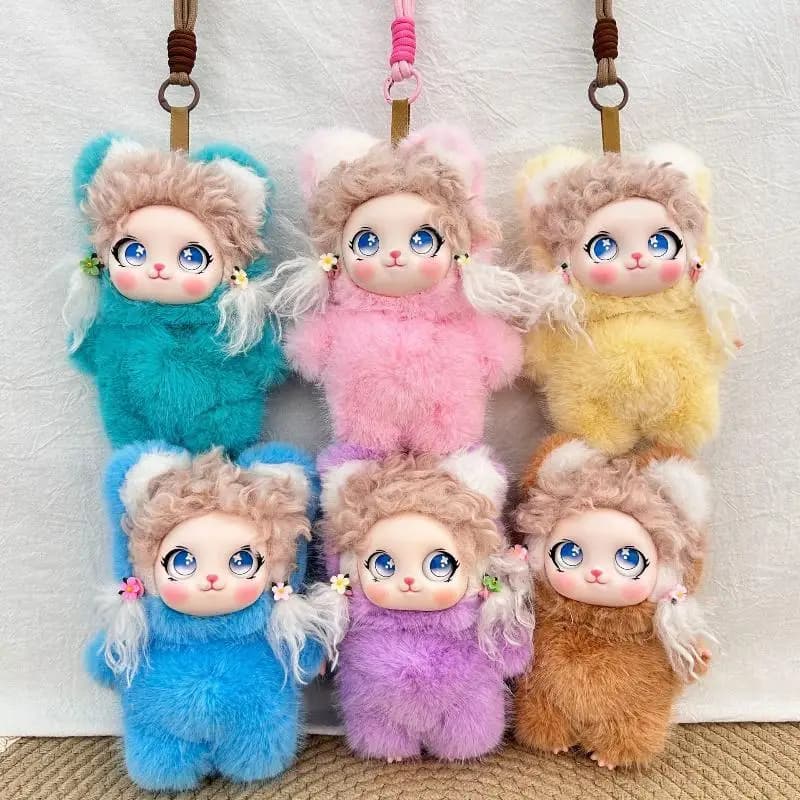 Cute Cartoon Fluffy Curly Hair Plush Doll Keychain with Vinyl Face, Backpack Hanging Ornament Decor Gift