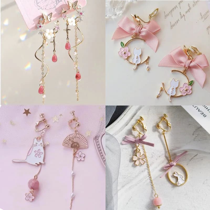 Kawaii Clip on Earrings No Piercing Cute Cat Butterfly Bunny Asymmetric Ear Clips Pink Sweet Sakura Style Ear Jewelry for Women
