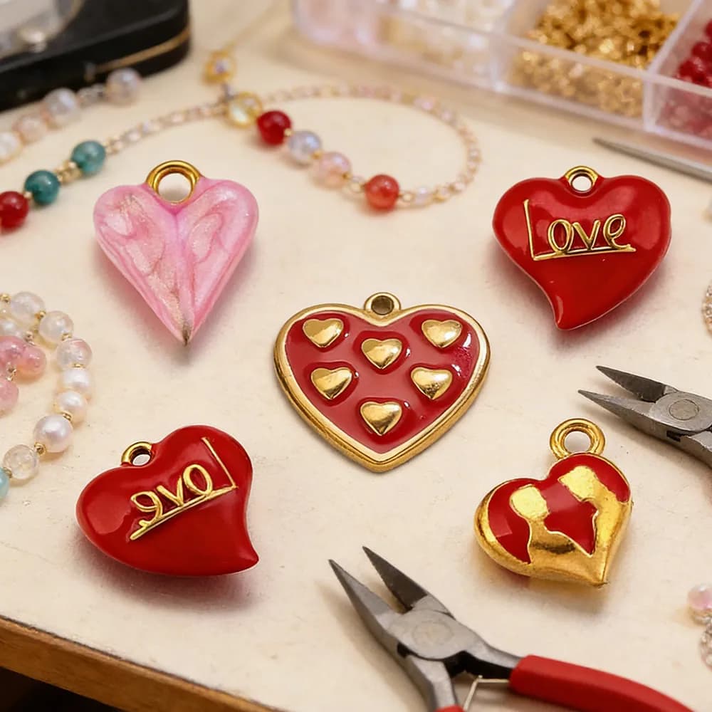 5 Pezzi Ciondoli Rotondi a Cuore in Acciaio Inossidabile con Smalto Rosso per Collane Fai da Te, Orecchini, Ciondoli Dorati, Materiali per Creazione Gioielli