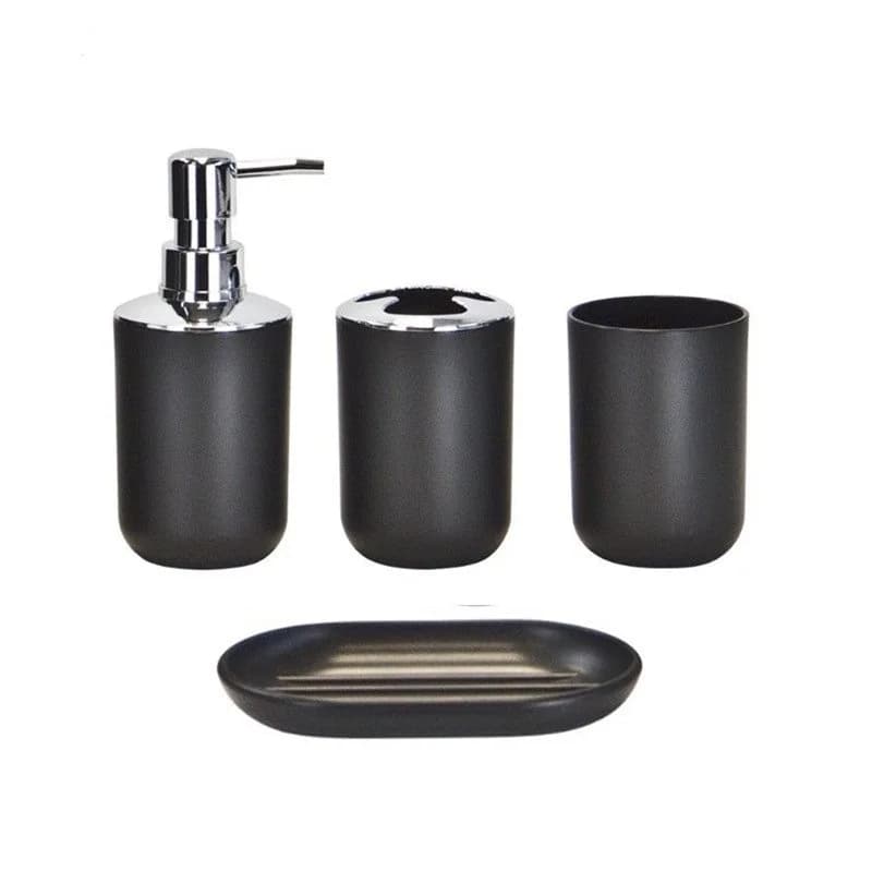 Set da bagno 4 pezzi, Set regalo in plastica, portaspazzolino, portaspazzolino, Dispenser di sapone, portasapone (grigio, nero)