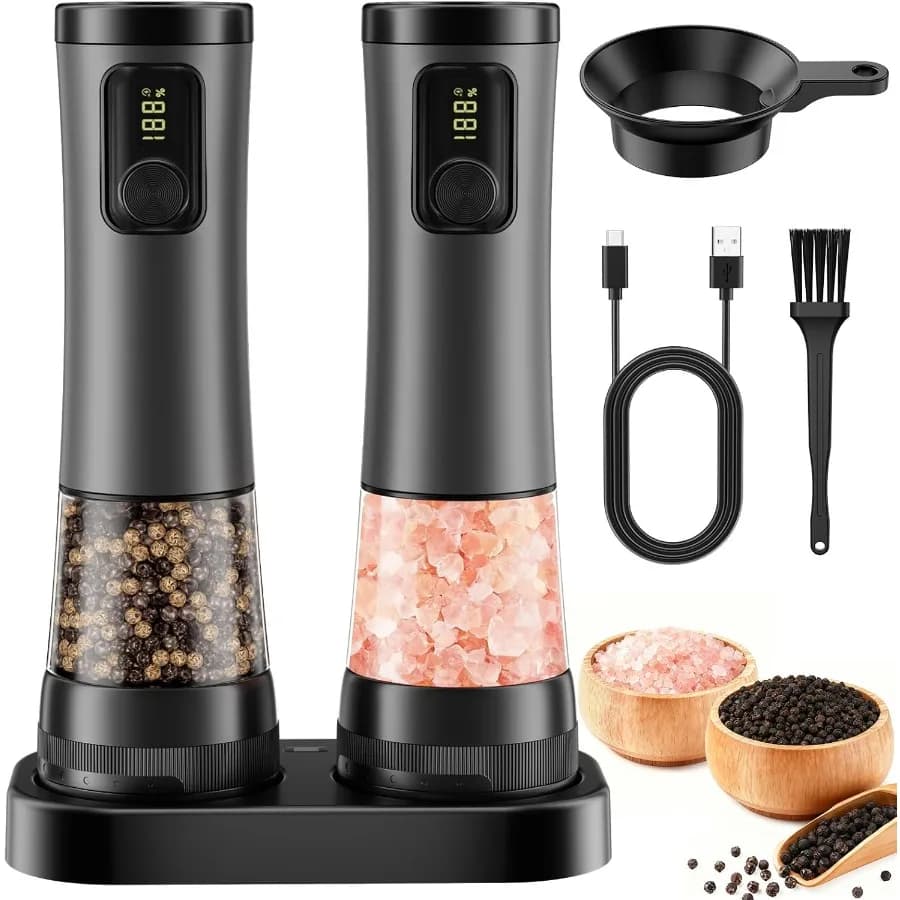 Set Macinapepe e Macinasale Ricaricabile con Display LED per Cucina - Macinapepe Automatico con Base di Ricarica e Luce