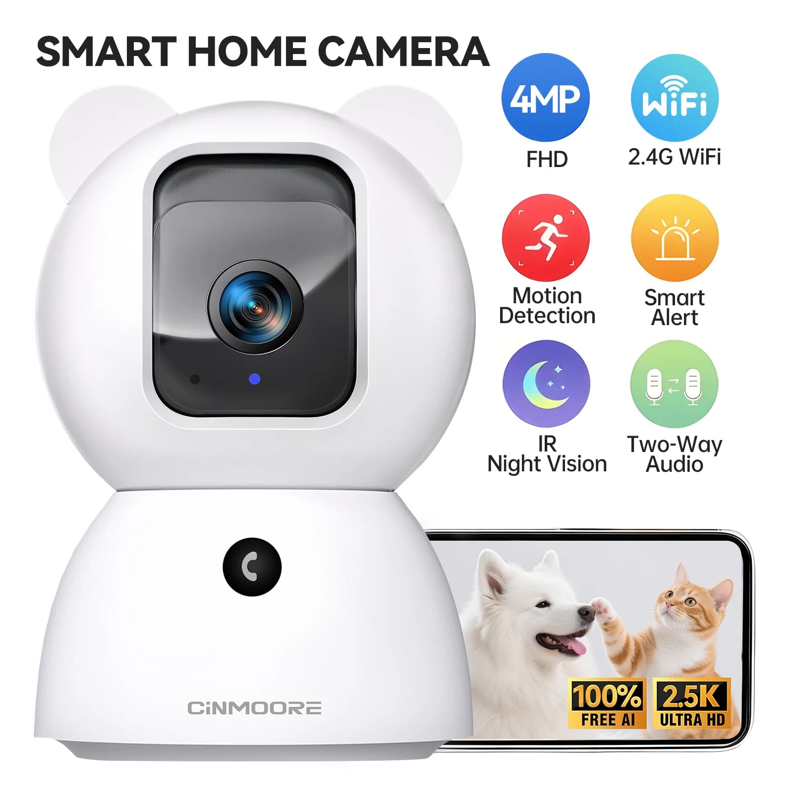 CINMOORE Telecamera di Sicurezza Domestica WiFi 2.5K 2.4G, Videocamera per Animali Domestici/Cuccioli, Baby Monitor con Rilevamento AI delle Persone e App per Smartphone, Telecamera IP