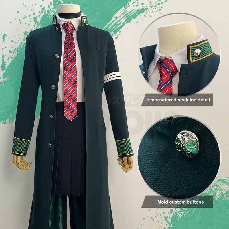 ☆SunlCos HOLOUN Wind Breaker Anime Tasuku Tsubakino Cosplay Costume Wig Green Long Trench Coat Skirt White Shirt Choker Tie Bow☆