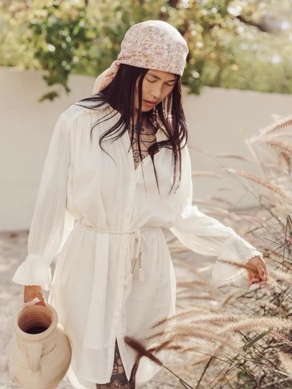 Organic Cotton Long Sleeve Shirt Dress with Belt High Waist A-Line Skirt Style Single Button Closure Pure Color Commute Style