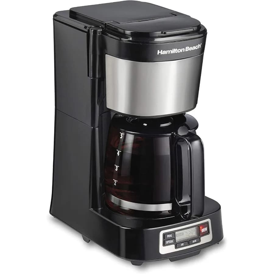 5 cup drop coffee maker with Easy FrontFill basket, compact design, programmable watch, glass carafe, automatic pause and pouring, black