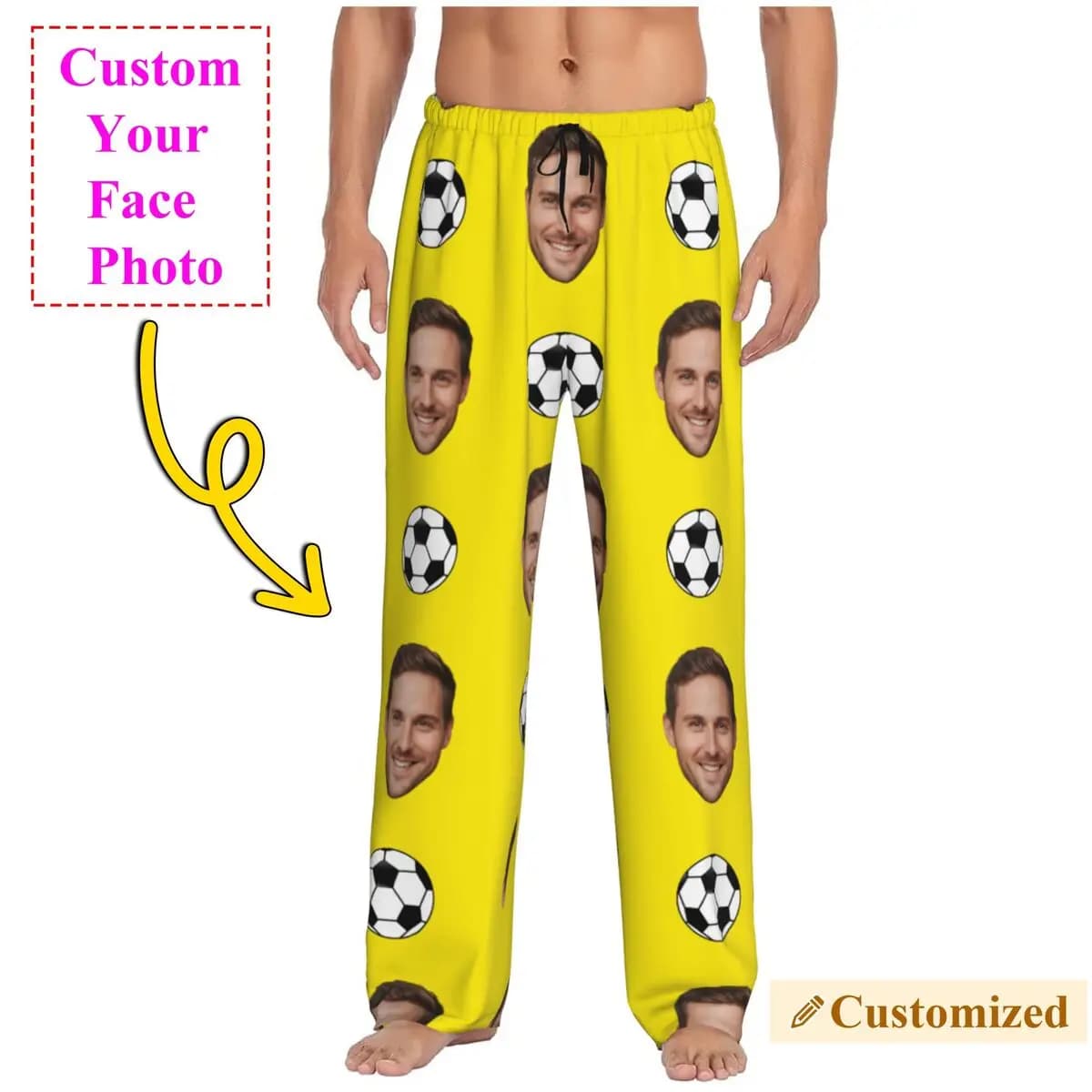 Pantaloni da pigiama personalizzati con faccia da calcio per uomo Design fotografico personalizzato Lounge Sleep Pantaloni da notte elasticizzati con tasche