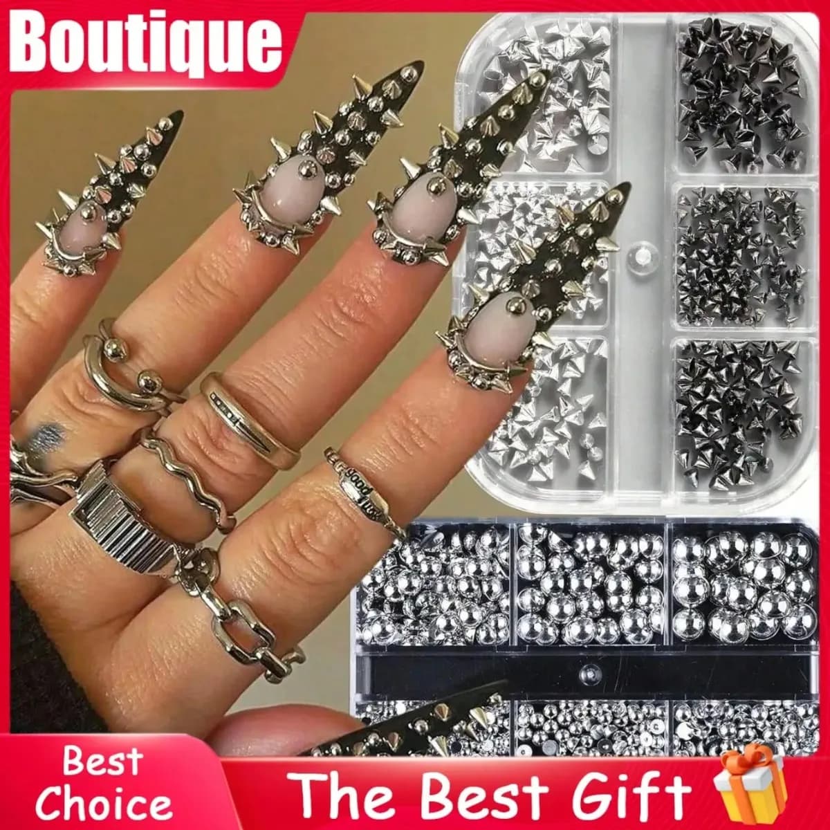 Kit Decorazione Unghie Y2K Punk Goth Grunge: Charms in Lega, Borchie a Punta, Coni e Rivetti Neri, Argento, Oro