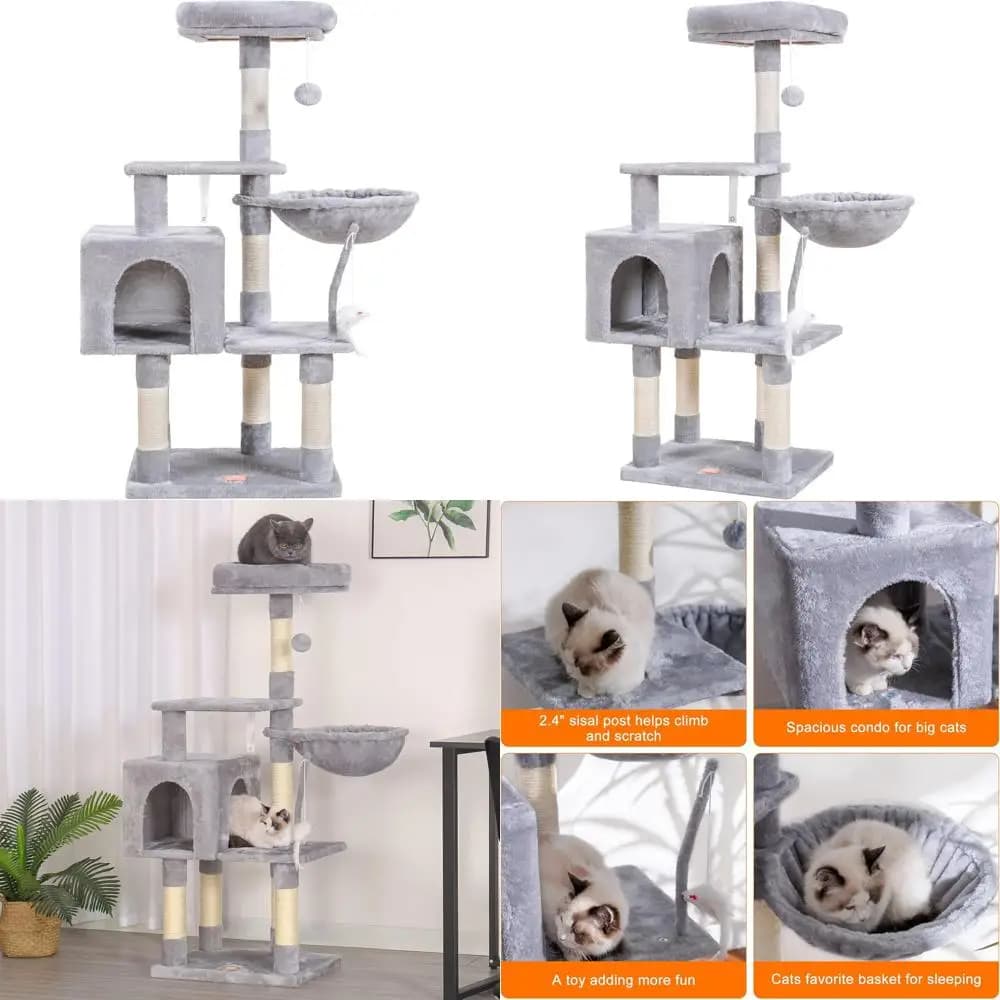 Albero per Gatti da Interno con Giocattoli, Torre con Cuccia, Sdraio in Peluche, Amaca e Tiragraffi in Sisal, Grigio Chiaro