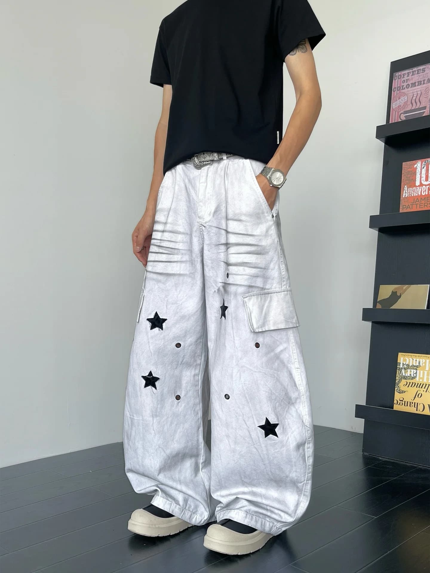 American High Street Dirty Star White Work Pants Men Summer Weathered Design Loose Wide Leg Knife Jeans Casual Loose Fit