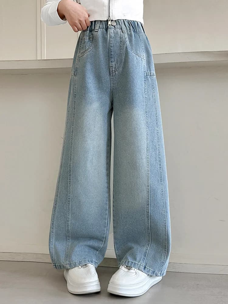 Jeans Larghi per Ragazze, Pantaloni Casual Primaverili e Autunnali, Abbigliamento Esterno alla Moda in Denim Elasticizzato di Cotone, Pantaloni per Bambine