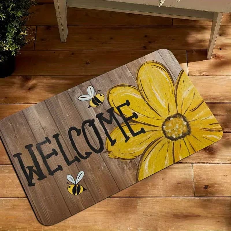 Zerbino di benvenuto luminoso con girasole e api, morbido, antiscivolo, lavabile in lavatrice, per interni ed esterni, per ingresso domestico, tappetino per interni ed esterni