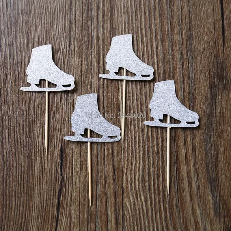 Toppers per cupcake con pattini sul ghiaccio, festa di compleanno di pattinaggio su ghiaccio - Tema invernale - Glitter argento - Pattinaggio di figura - Decorazione di compleanno per ragazza