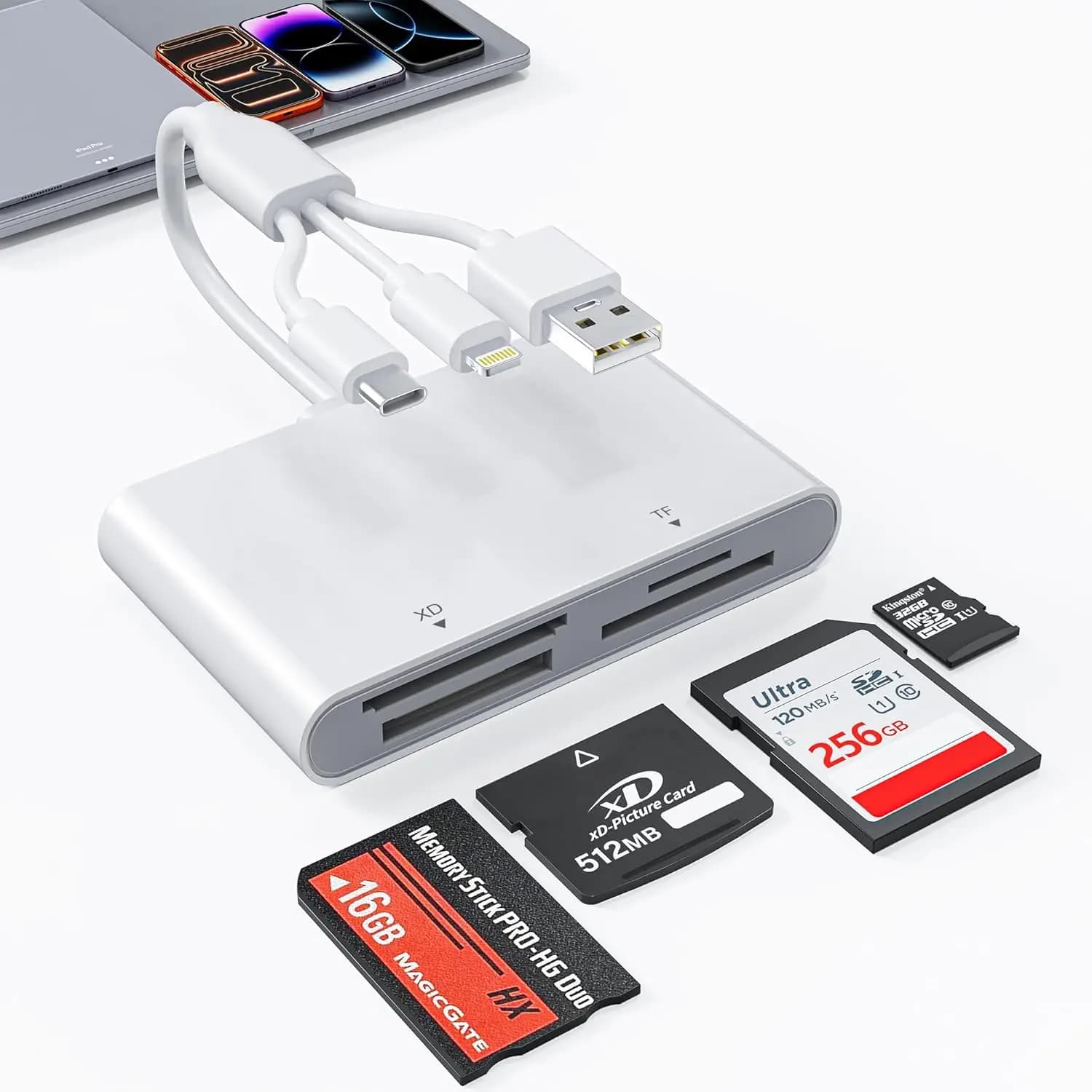 Lettore di Schede di Memoria 4-in-1 con Adattatore OTG Lightning/USB-C/USB-A per iPhone, Android e PC