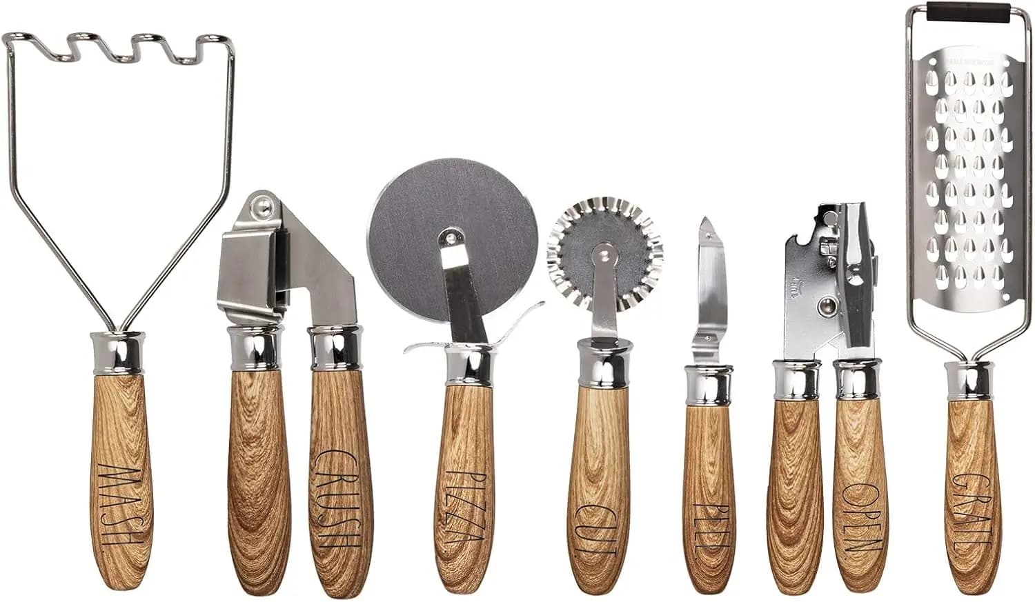 Set di gadget da cucina in acciaio inossidabile con manico in legno da 7 pezzi con etichette per cucinare e regalare