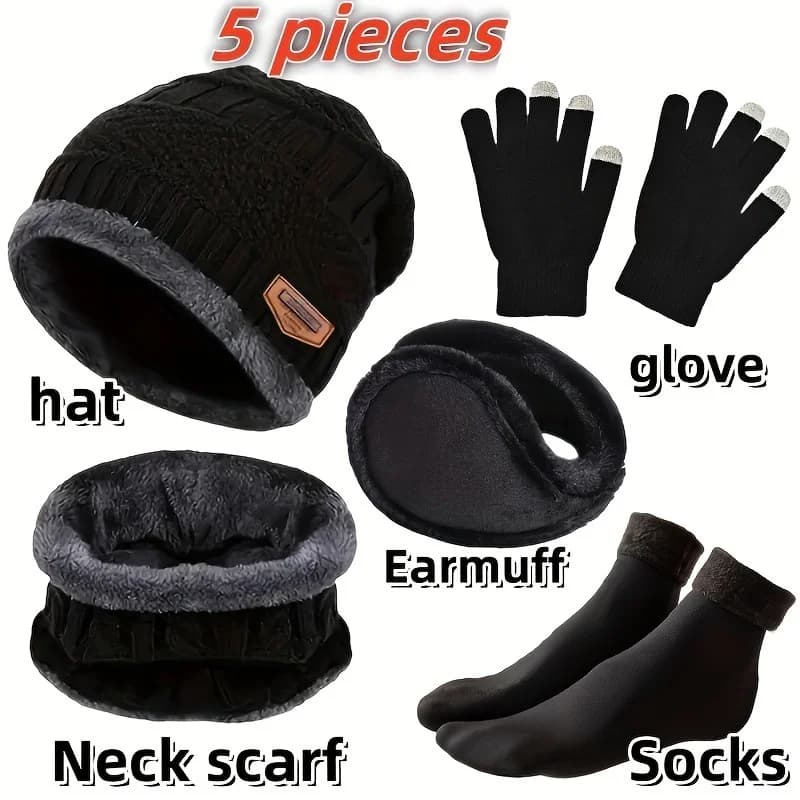 Men winter hat, outdoor winter scarf, gloves, neckline, a hat and knitted socks isolated in cashmere