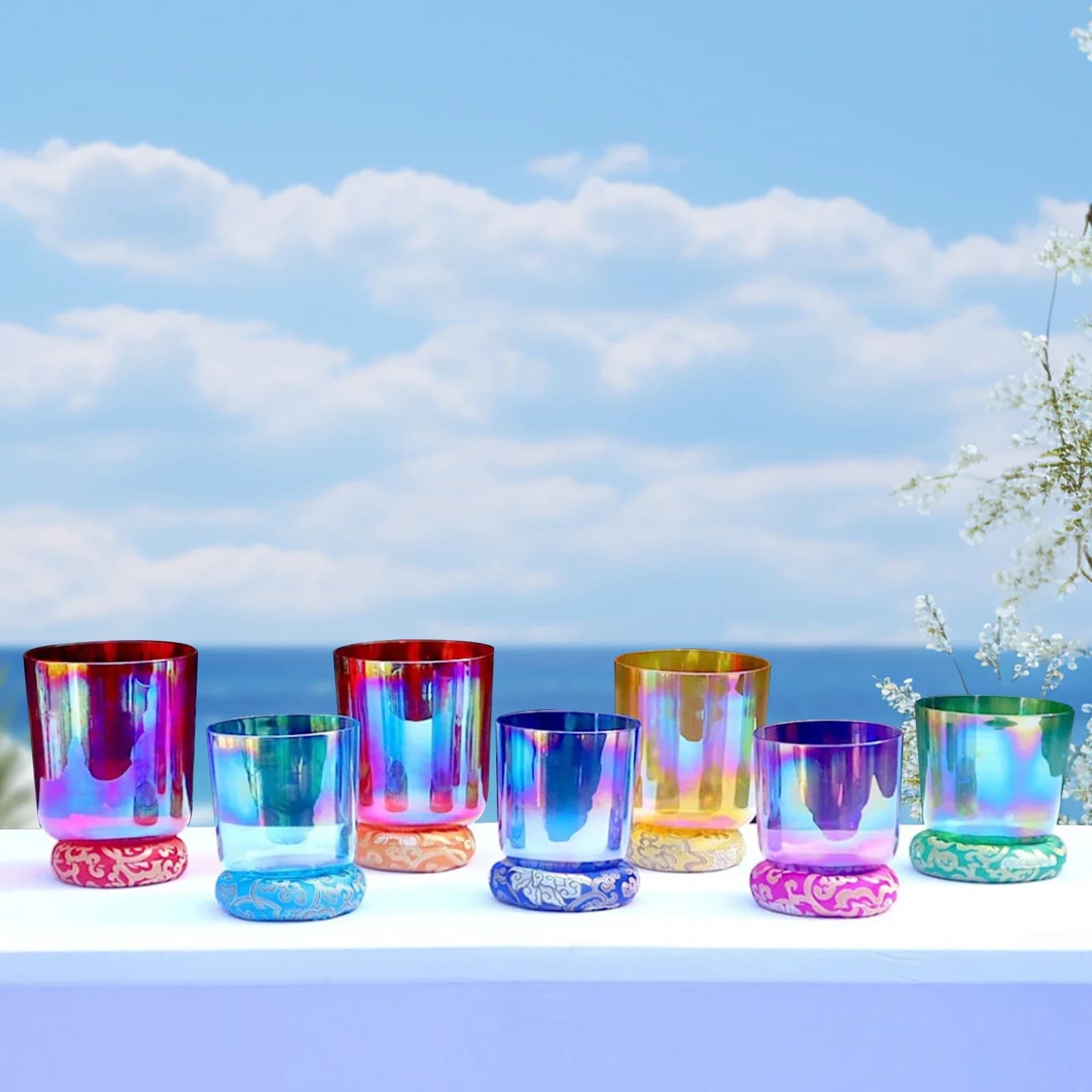 STAR LINKUP 7pcs Colored Alchemy Clear Quartz Crystal Singing Bowl Set for Sound Healing with Free Mallets and O-rings