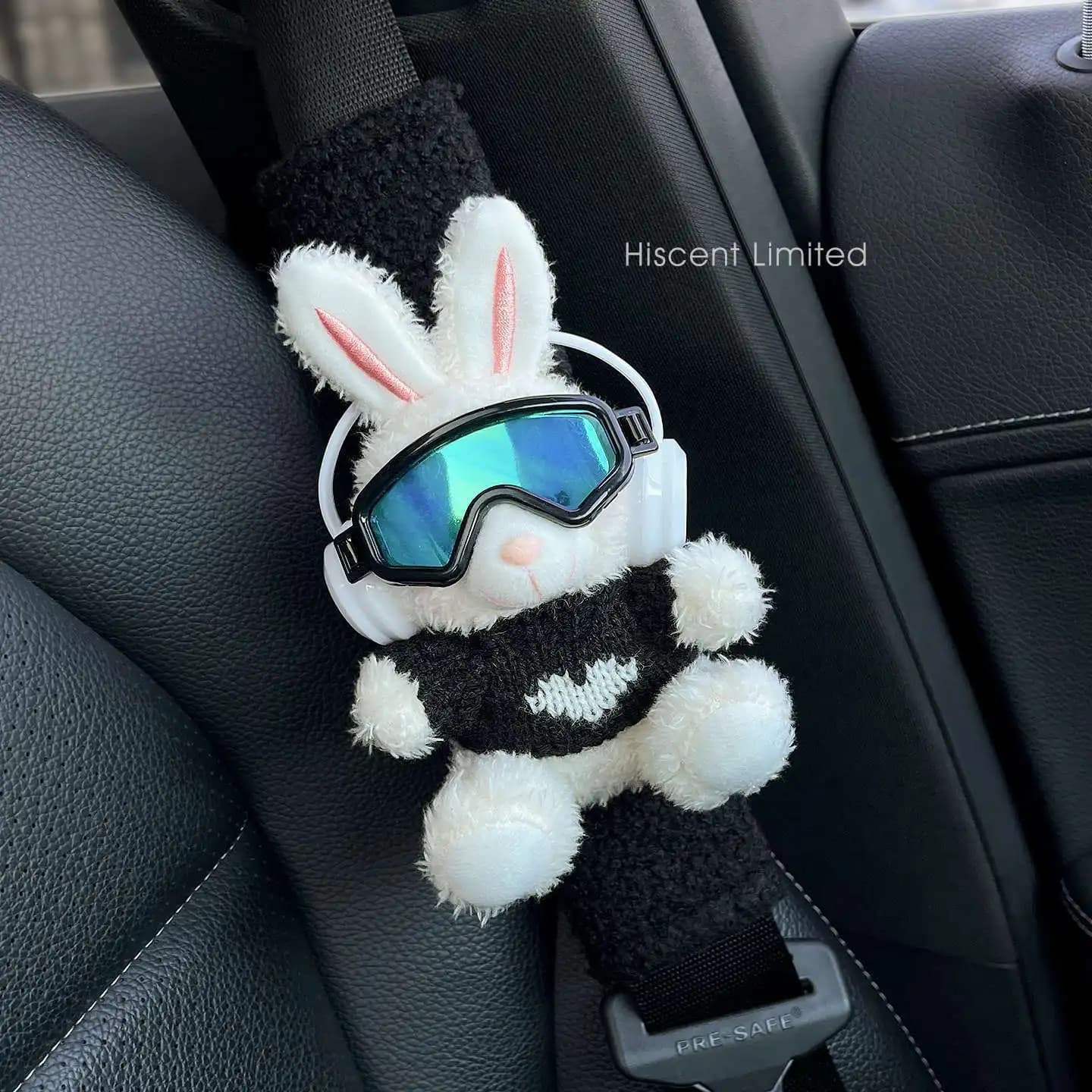 Cute Plush Bear Rabbit Car Seat Belt Cover with Ski Goggles, Soft Auto Seatbelt Shoulder Pad Decor for Women Car Interior Access