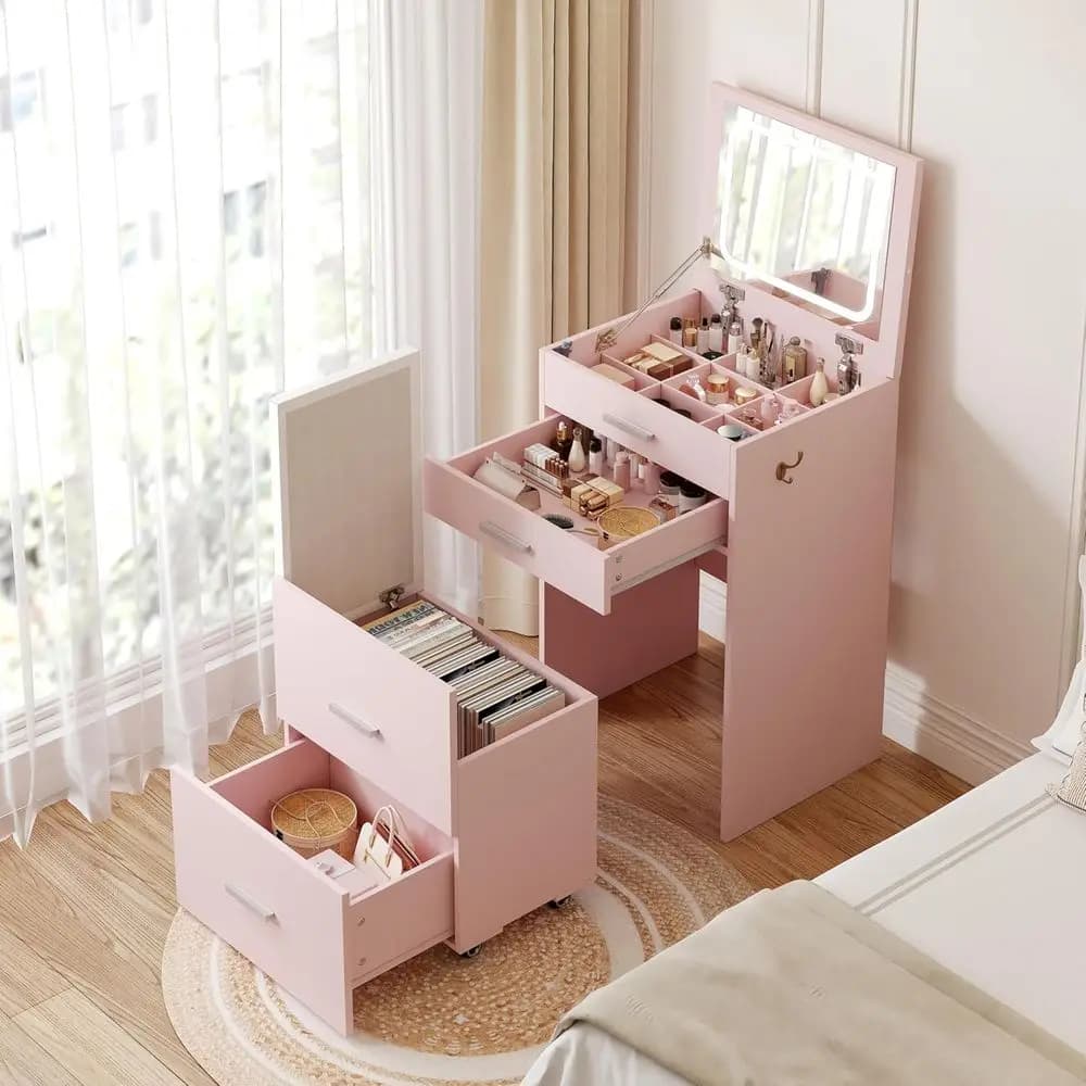 Compact Vanity with 3 Ders, 3 in 1 Vanity Desk, Makeup Desk with lip-up 3 ColLighting Mirror and Cushioned Stool, Small Vanities