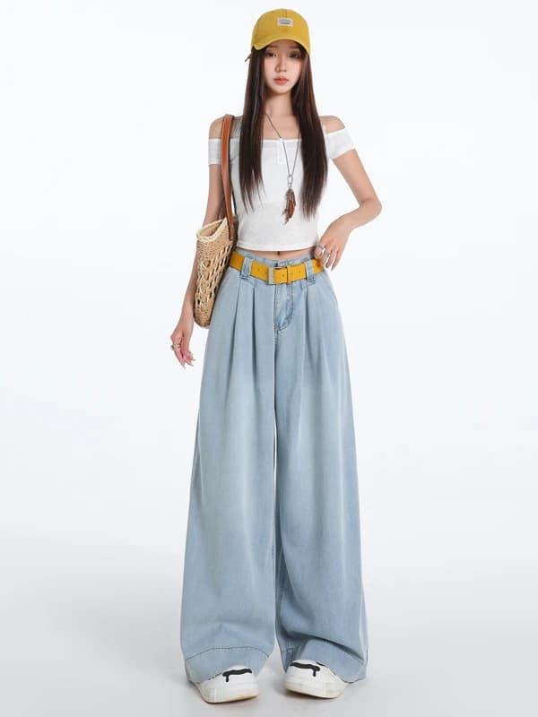 Jeans Vintage a Gamba Larga Blu Chiaro per Donna, Pantaloni Estivi Larghi e Drappeggiati a Forma di Pera con Pieghe in Seta Ghiacciata