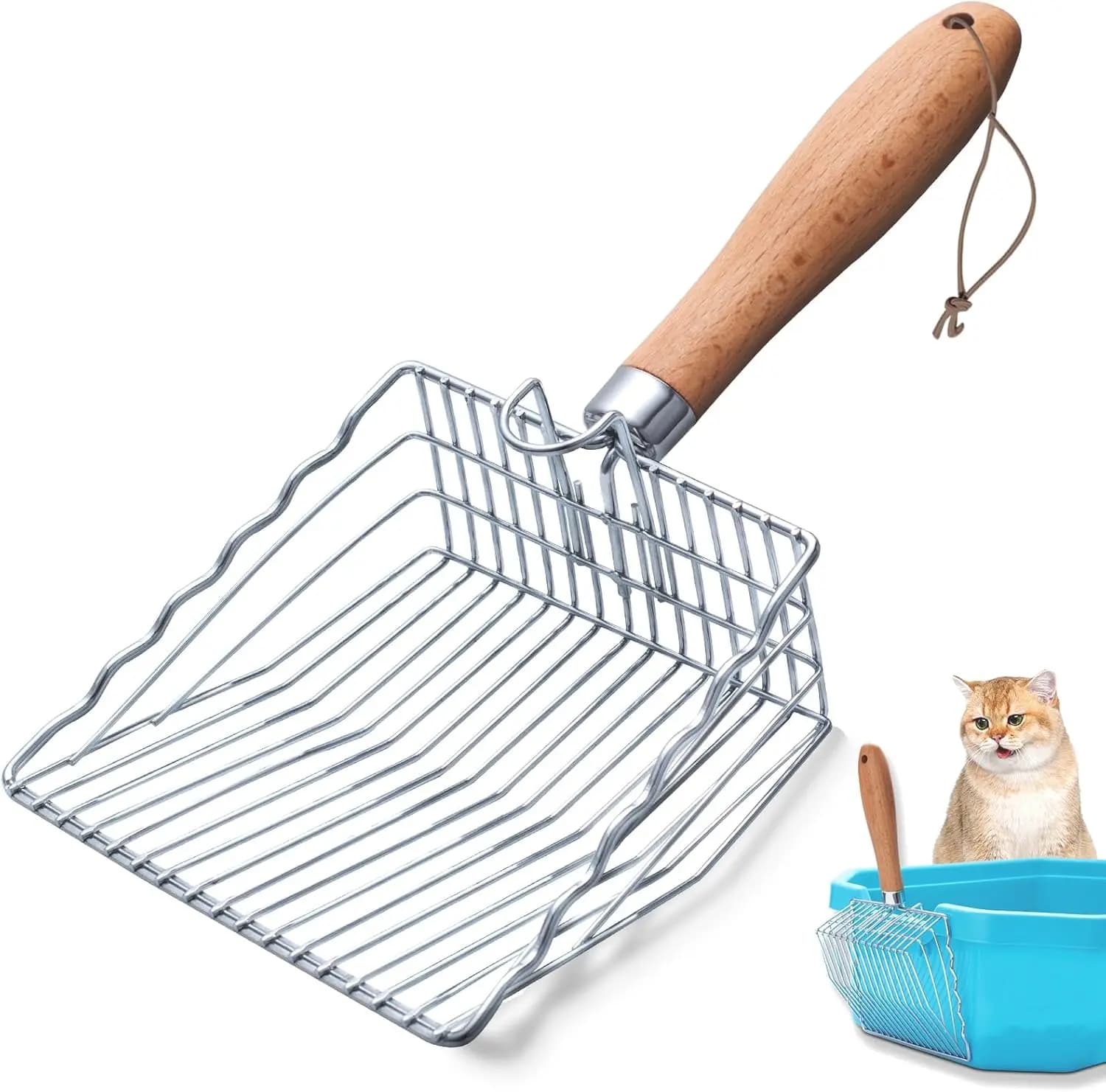 Paletta Premium in Acciaio Inossidabile per Lettiera Gatti con Gancio, Manico Ergonomico in Legno, Facile da Setacciare e Pulire