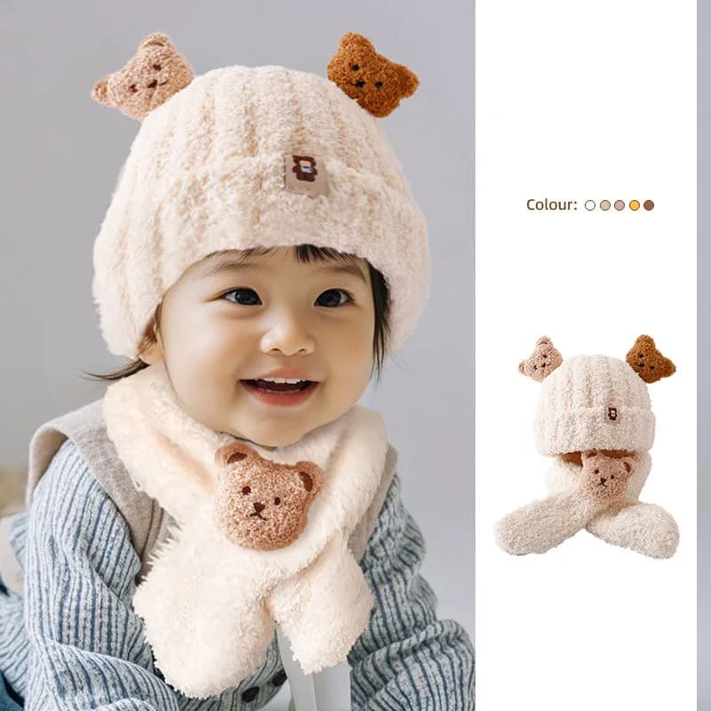 Cappello invernale in peluche per bambini 0-2T Cappello e sciarpa per bambina con orso cartone animato Berretto per bambino imbottito in pelliccia calda e dolce