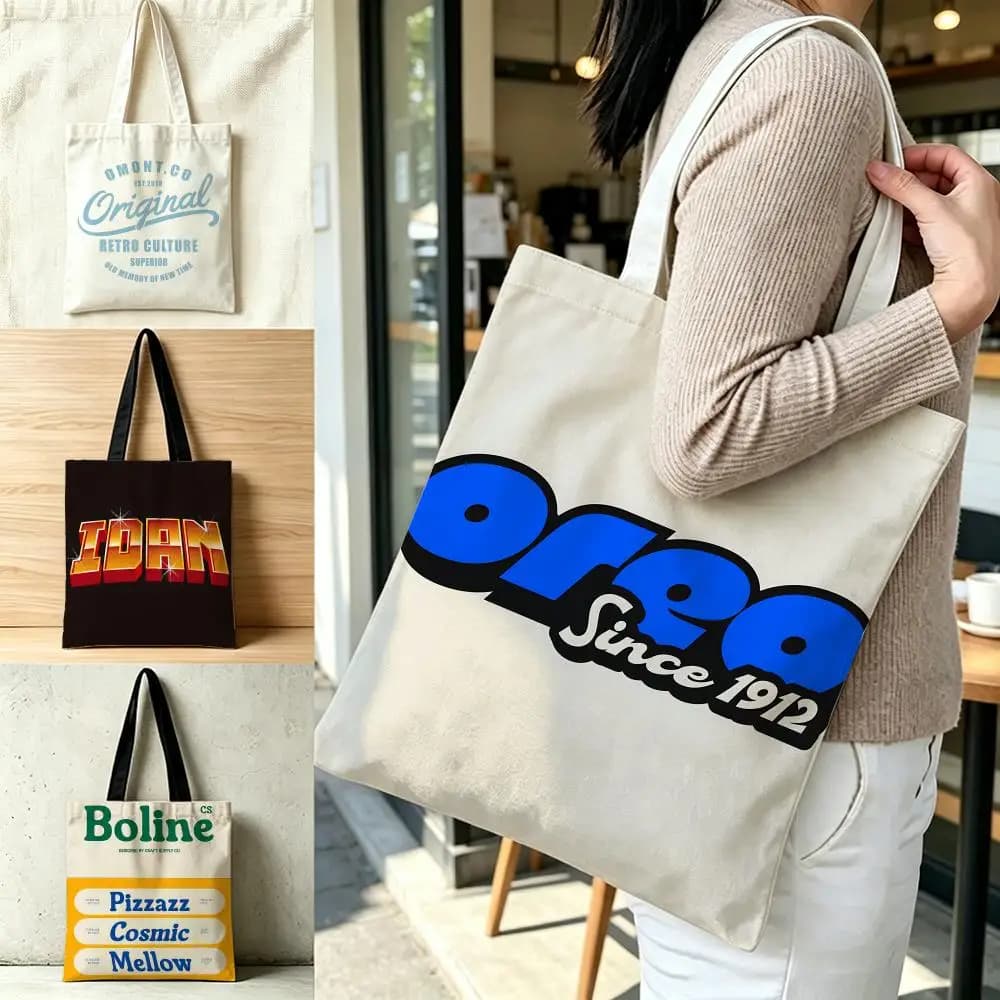 Pattern Retro bold font design Storage Bags Polyester Canvas Foldable Tote Bag Lightweight Reusable Shopping Shoulder Bag