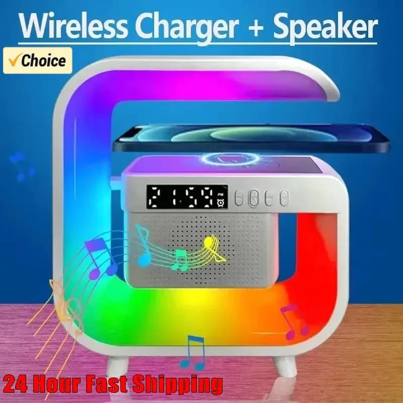 Supporto per caricabatterie wireless multifunzione Altoparlante Bluetooth 5.0 FM TF RGB Luce notturna Stazione di ricarica rapida per iPhone Samsung Xiaomi