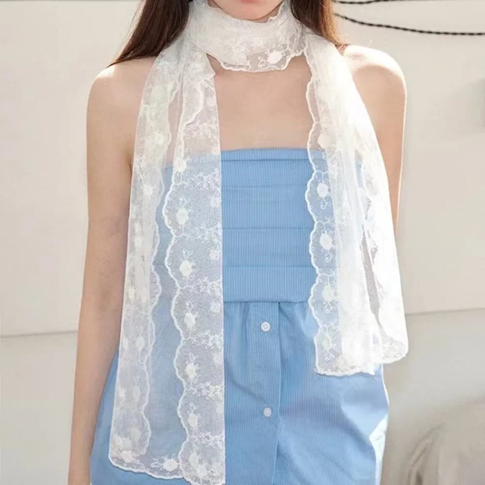 Elegant Pizzo Scarf Embroidered with Flowers, Breathable, Long, Solar Protection, Light Silk for Summer