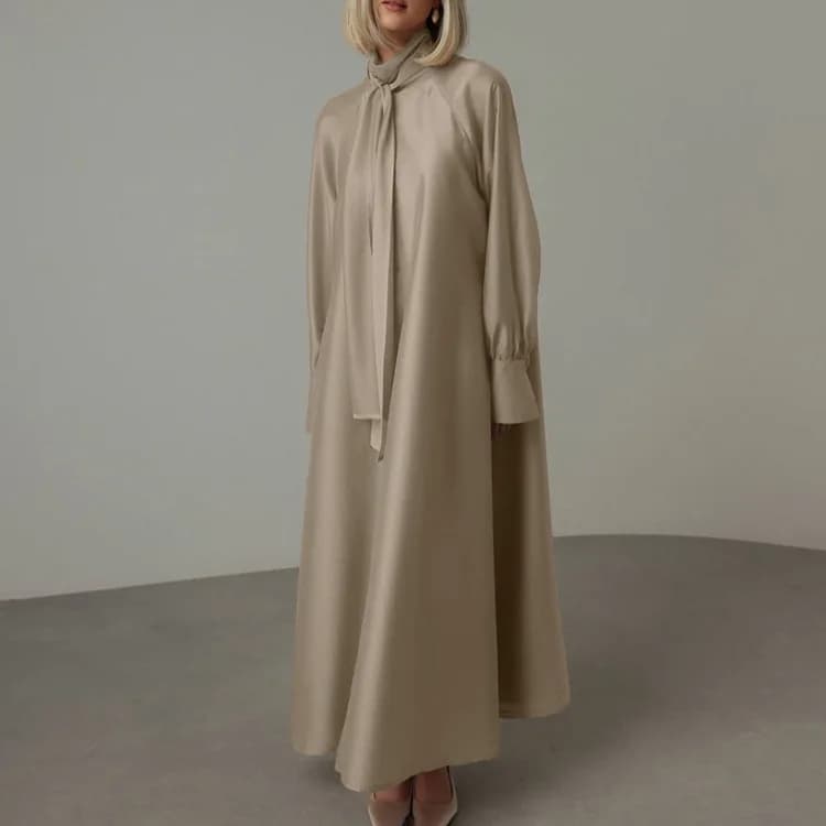 Stand-up Collar Tie Belt Chic Maxi Dress with Side Split Loose Long Sleeve Ankle Length Dresses Elegant Backless Female Dress