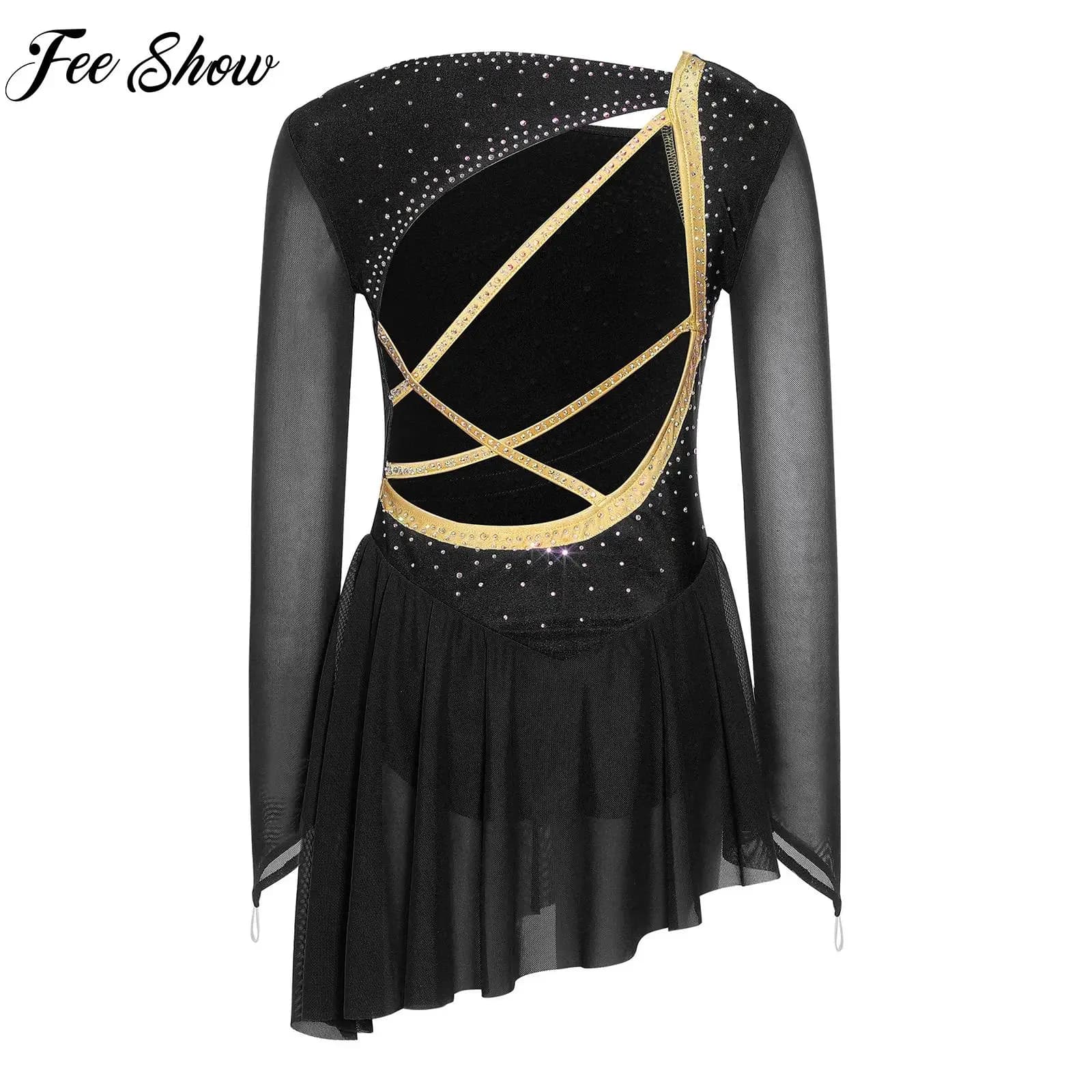 Abito da Pattinaggio Artistico per Bambine, Vestito da Danza Contemporanea con Maniche Lunghe in Rete, Schiena Incrociata, Strass e Design Asimmetrico