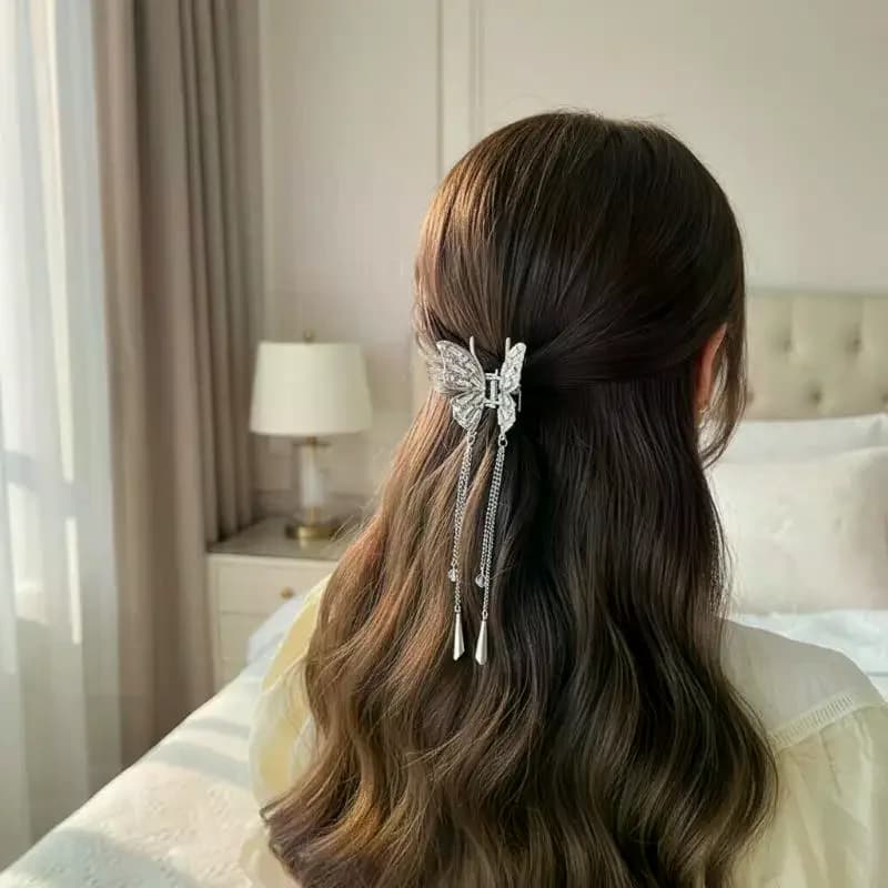 Fermagli per capelli a forma di farfalla con strass per donne e ragazze, vintage, con catena lunga, elegante regalo per compleanno o anniversario.