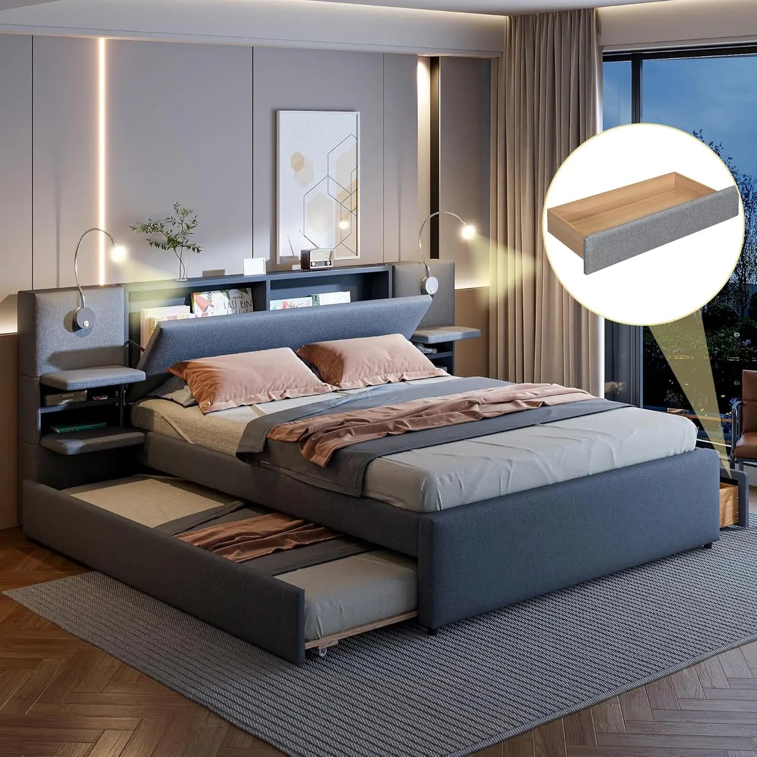 Double bed structure with folding headboard with storage compartment, reading lights and side shelves, fabric-coated, customizable