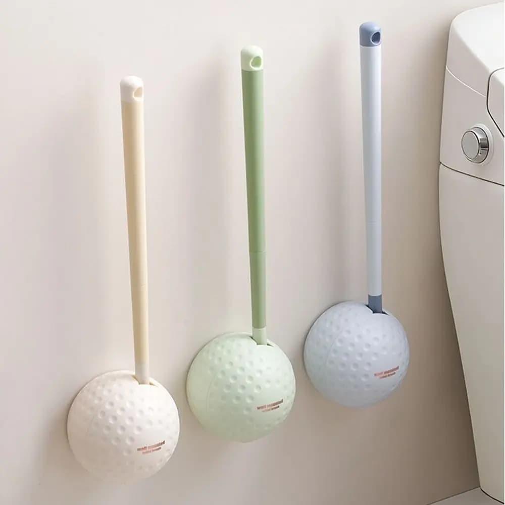 Double-sided Wall-Mounted Toilet Brush Long Handle Soft Hair Golf Toilet Brush with Base Lightweight Space Saving