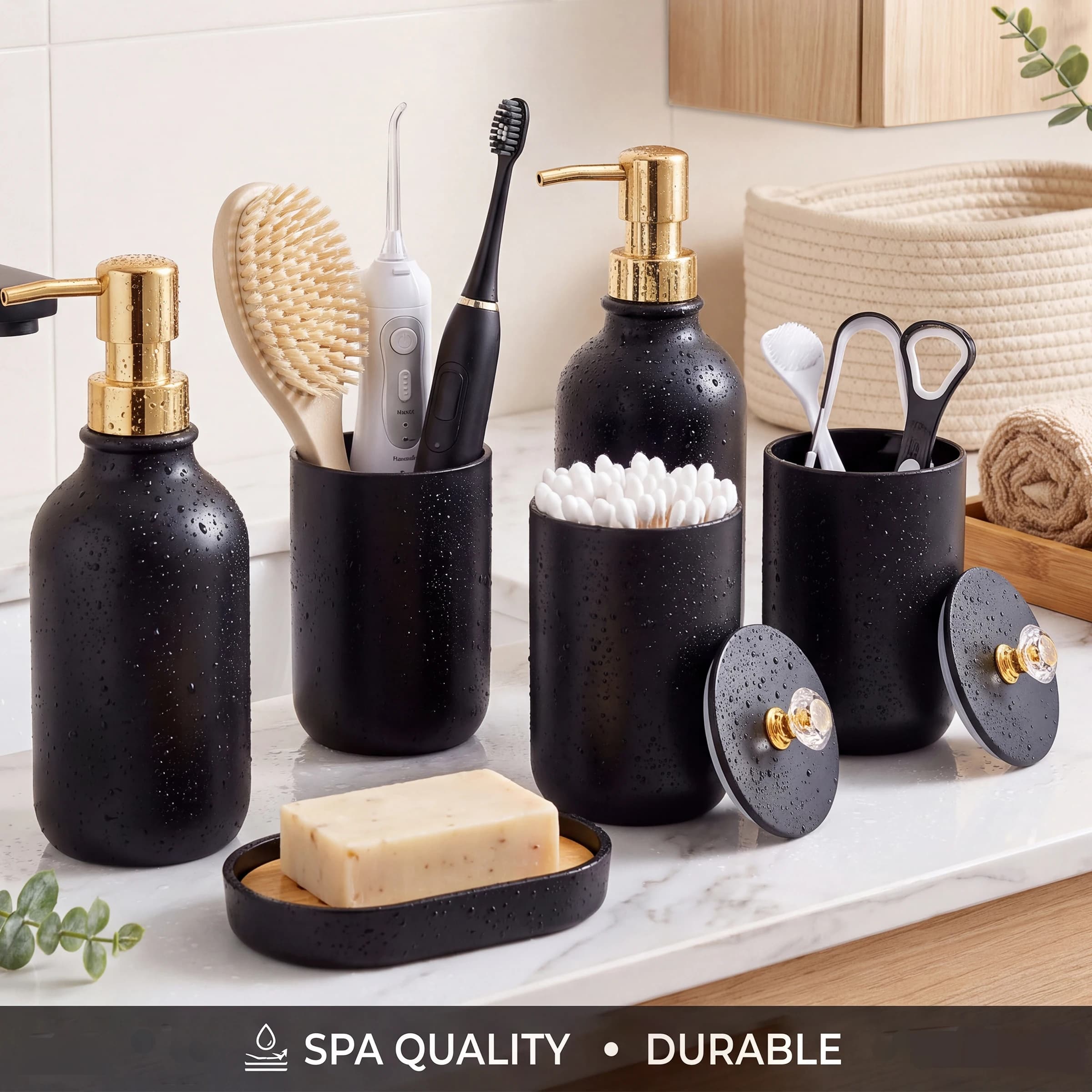 6Pcs Bathroom Countertop Organizer – Toothbrush Holder, Soap Dispenser, Soap Dish, Cup & Canister for Keeps Bathroom Vanity Neat